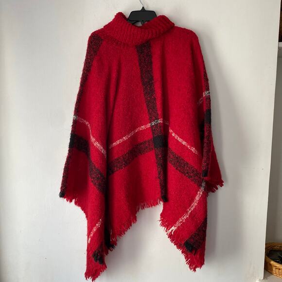 Knit Turtleneck Fringe Hem Plaid Poncho‎ Shawl SZ L/XL Warm Soft Preppy Holiday - Picture 6 of 7